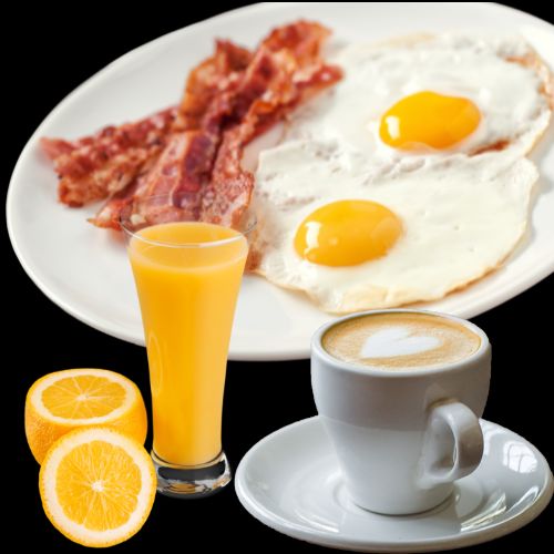 Café con huevos con jamón, bacon o chorizo y zumo de naranja