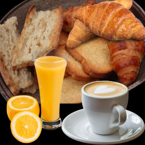 Café con tostada o bollería y zumo de naranja